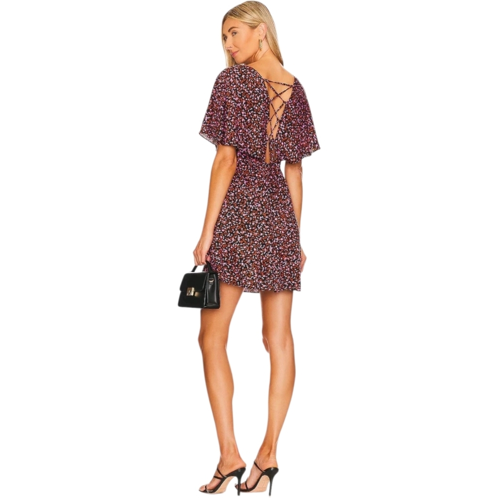 Free People Florence‎ Mini Dress Multi Floral Viscose Flutter Sleeve Boho XS
